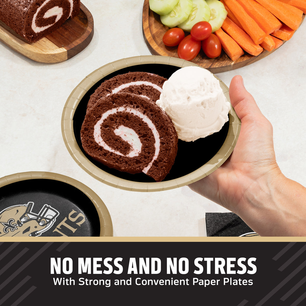 A hand holds a paper plate with a slice of chocolate cake and a scoop of vanilla ice cream, with more plates and food props visible on a tabletop. Text at the bottom reads, 'NO MESS AND NO STRESS With Strong and Convenient Paper Plates.