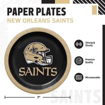 A New Orleans Saints paper plate shown on a white promotional graphic with text reading 'PAPER PLATES NEW ORLEANS SAINTS' and feature callouts including 'Strong & Sturdy,' 'Premium Quality,' and 'Microwavable.' The plate is black with a gold rim and a gold Saints helmet logo with white and black details.