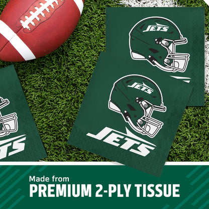 New York Jets themed premium 2-ply tissue napkins displayed on artificial turf with a football prop, featuring the team helmet logo and 'JETS' text, with a banner at the bottom reading 'Made from PREMIUM 2-PLY TISSUE'.