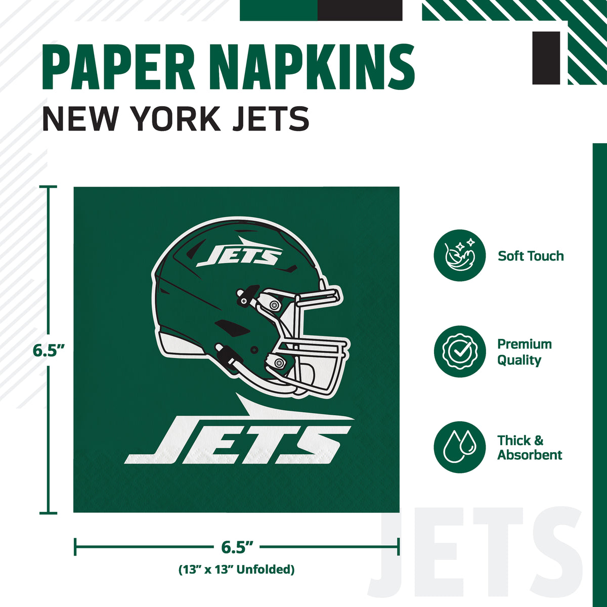 New York Jets paper napkins shown in a product graphic with dimensions, featuring a dark green background, a white football helmet logo, and text highlighting soft touch, premium quality, and thick absorbency.
