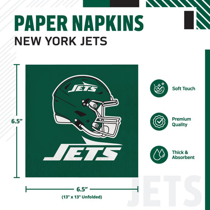 New York Jets paper napkins shown in a product graphic with dimensions, featuring a dark green background, a white football helmet logo, and text highlighting soft touch, premium quality, and thick absorbency.