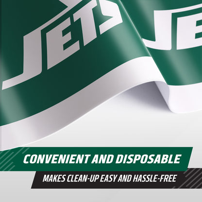 A close-up of a green and white New York Jets disposable tablecloth with bold team lettering and a promotional text strip reading 'CONVENIENT AND DISPOSABLE' and 'MAKES CLEAN-UP EASY AND HASSLE-FREE'.
