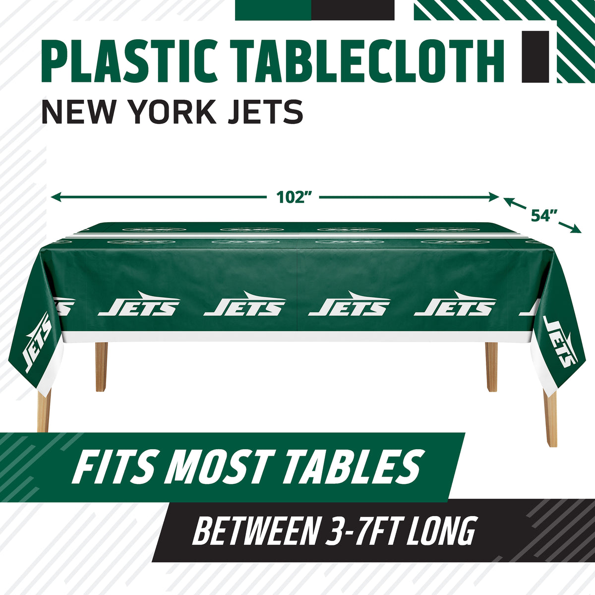 New York Jets plastic tablecloth shown draped over a table, with dimensions marked as 102 inches by 54 inches. The tablecloth is dark green with white Jets logos and text.