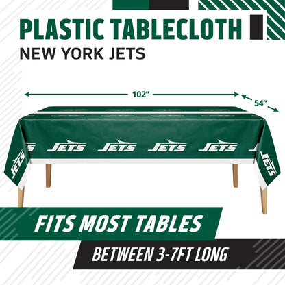 New York Jets plastic tablecloth shown draped over a table, with dimensions marked as 102 inches by 54 inches. The tablecloth is dark green with white Jets logos and text.