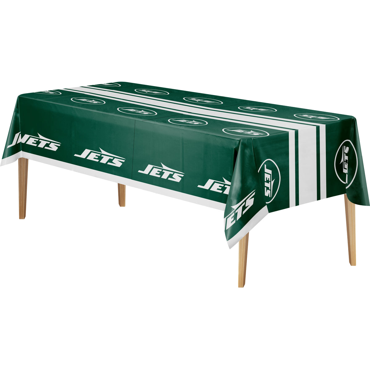 A rectangular table covered with a green and white New York Jets themed tablecloth, shown on a plain white background with the table legs visible.