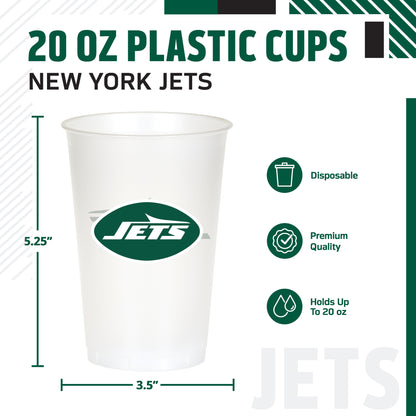 A 20 oz white plastic cup with a green and white New York Jets logo, shown on a white background with measurement lines indicating 5.25 inches tall and 3.5 inches wide.