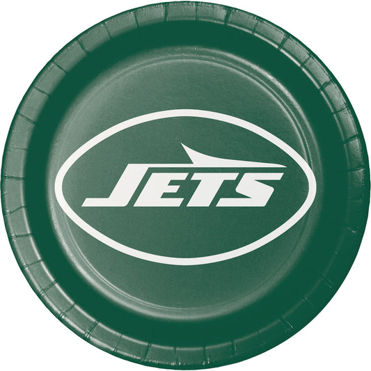 Green paper plate with 'Jets' logo on a white background