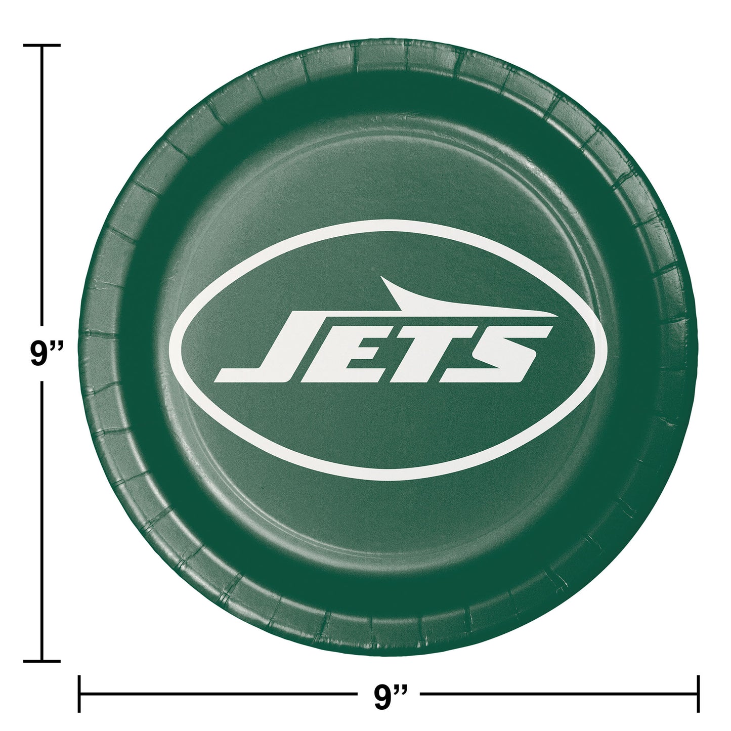 Green paper plate with 'Jets' logo and dimensions on a white background