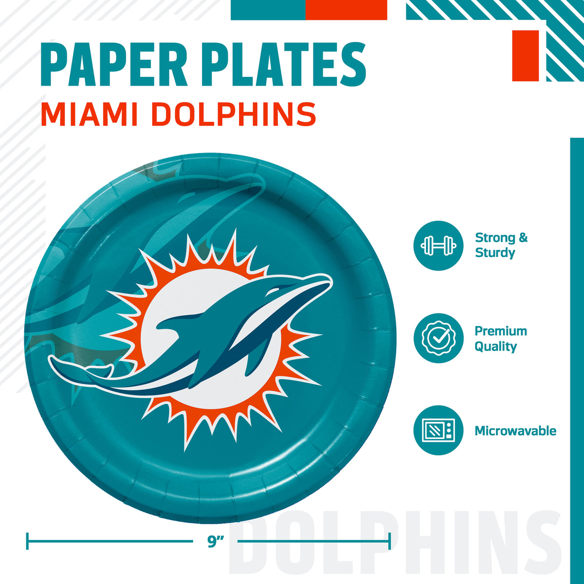A Miami Dolphins themed paper plate shown on a white promotional graphic with text reading 'PAPER PLATES MIAMI DOLPHINS' and feature callouts including 'Strong & Sturdy,' 'Premium Quality,' and 'Microwavable.'.