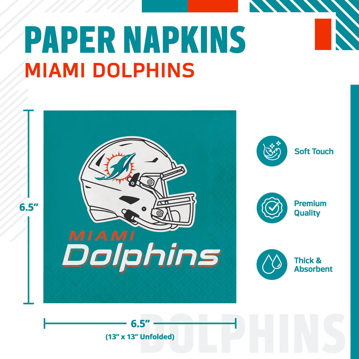 Paper napkins featuring the Miami Dolphins logo, shown with product dimensions and feature callouts on a white background.