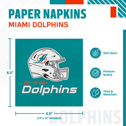 Paper napkins featuring the Miami Dolphins logo, shown with product dimensions and feature callouts on a white background.