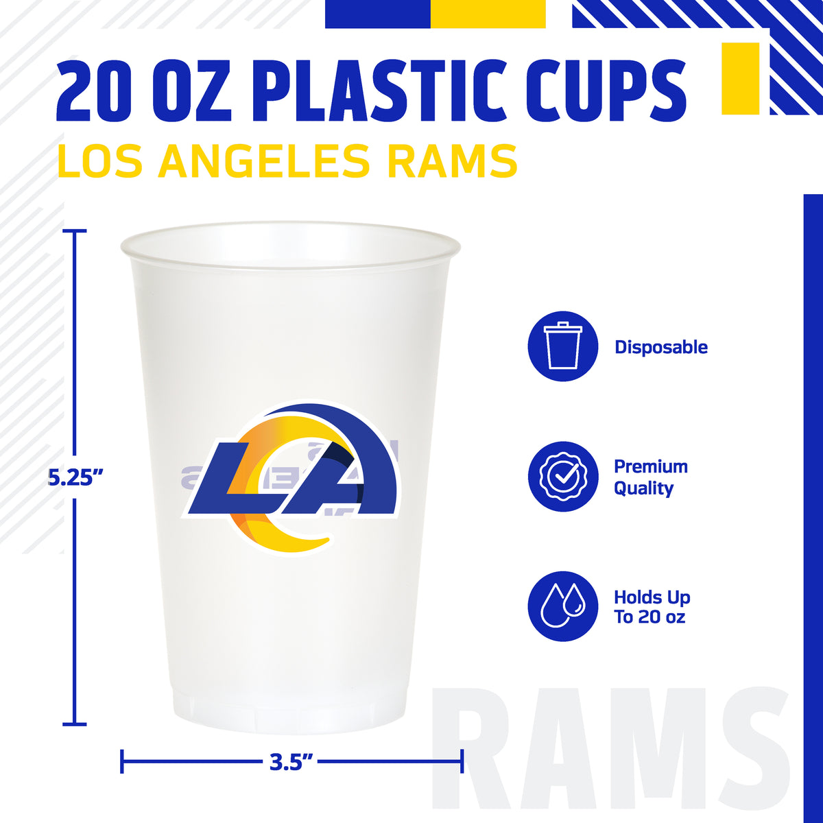 A 20 oz plastic cup with the Los Angeles Rams logo, shown on a white background with blue and yellow text and dimension lines indicating 5.25 inches tall by 3.5 inches.