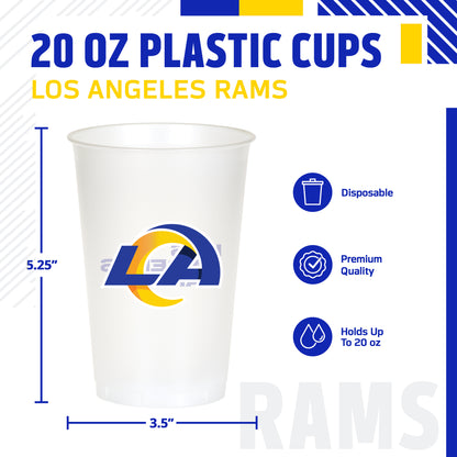 A 20 oz plastic cup with the Los Angeles Rams logo, shown on a white background with blue and yellow text and dimension lines indicating 5.25 inches tall by 3.5 inches.