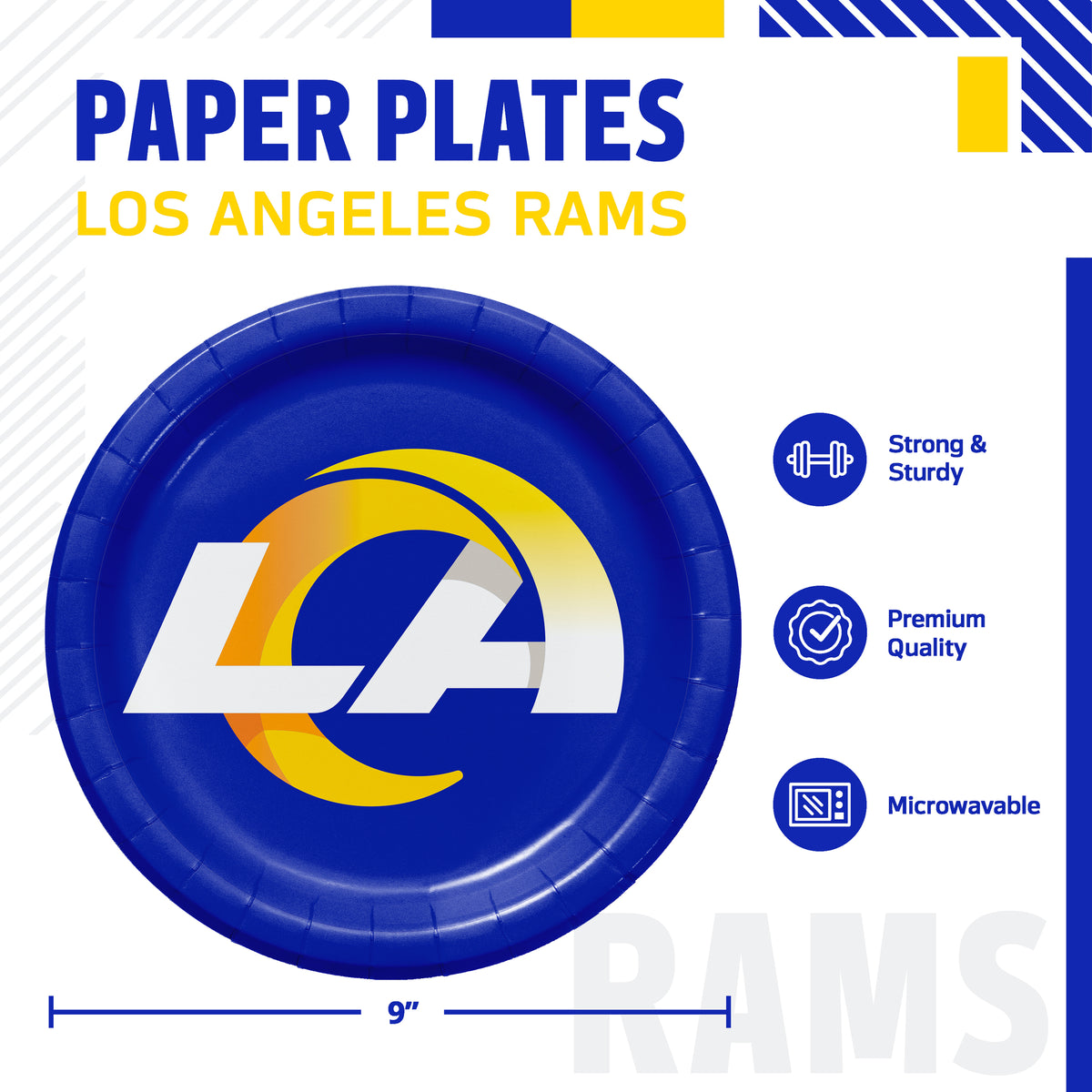 A blue Los Angeles Rams paper plate with the LA logo printed on it, shown on a white background with product text and feature icons.