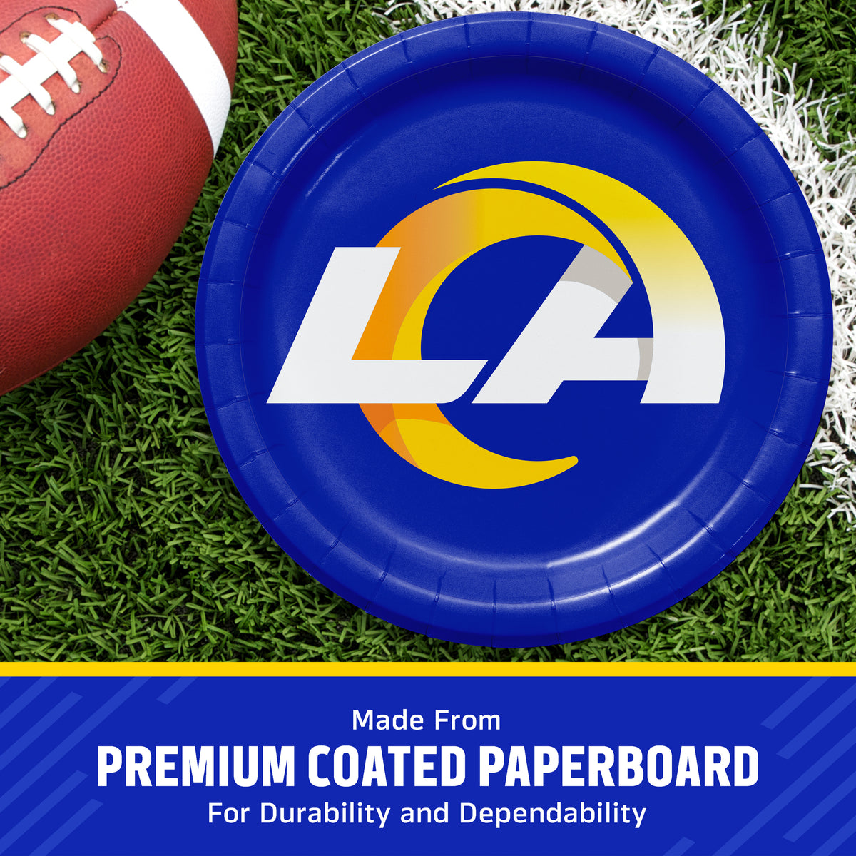A blue paper plate with a yellow and white LA logo, placed on green turf next to a football, with a blue banner at the bottom reading 'Made From PREMIUM COATED PAPERBOARD'.