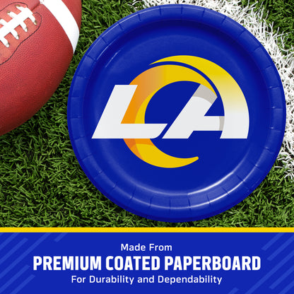 A blue paper plate with a yellow and white LA logo, placed on green turf next to a football, with a blue banner at the bottom reading 'Made From PREMIUM COATED PAPERBOARD'.