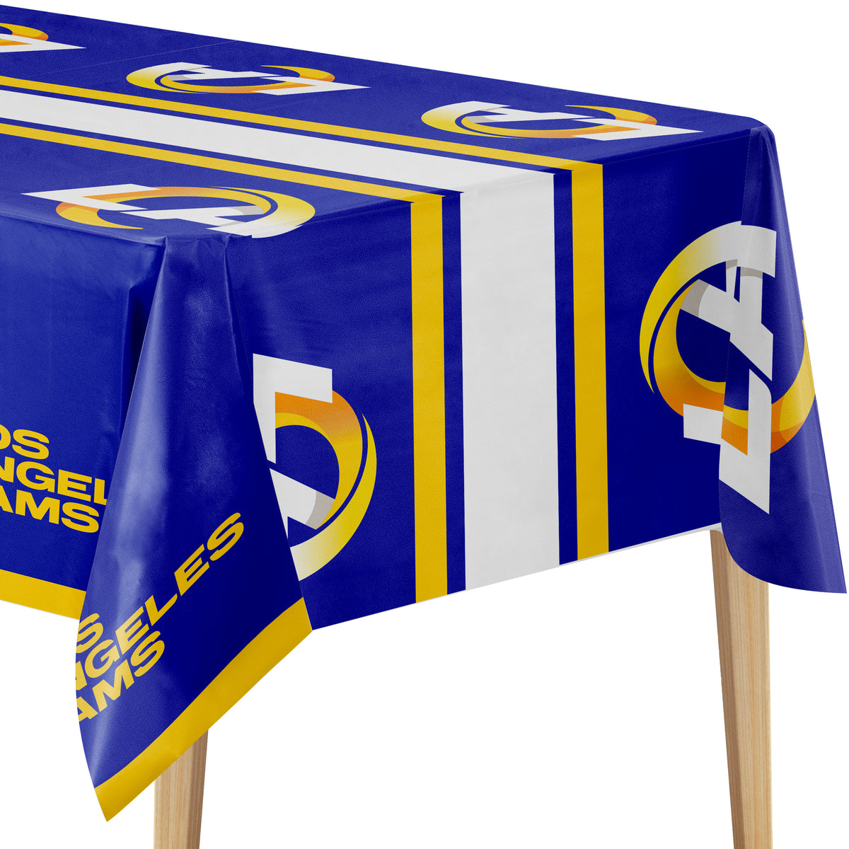 A Los Angeles Rams themed tablecloth in royal blue, white, and yellow, draped over a table with wooden legs visible against a white background.