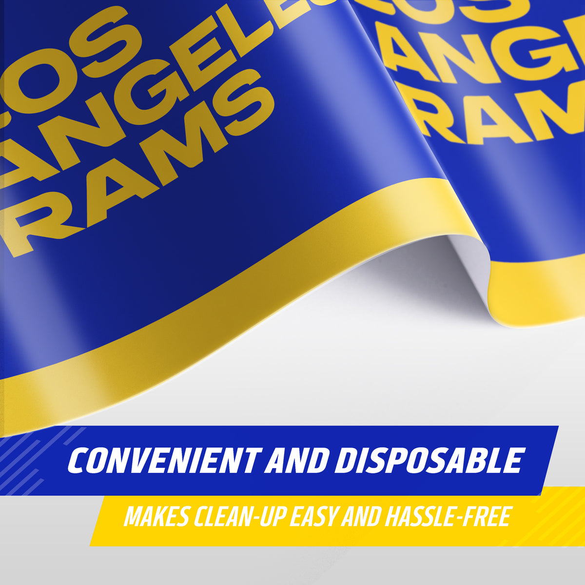 A close-up of a blue and yellow Los Angeles Rams themed disposable tablecloth, with bold yellow text on a blue background and a white surface underneath. A blue and yellow banner at the bottom reads 'CONVENIENT AND DISPOSABLE' and 'MAKES CLEAN-UP EASY AND HASSLE-FREE'.