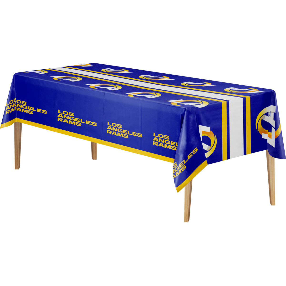A rectangular table covered with a Los Angeles Rams themed tablecloth, shown on a plain white background. The tablecloth is royal blue with yellow and white stripes, team logos, and 'LOS ANGELES RAMS' text printed repeatedly along the sides.