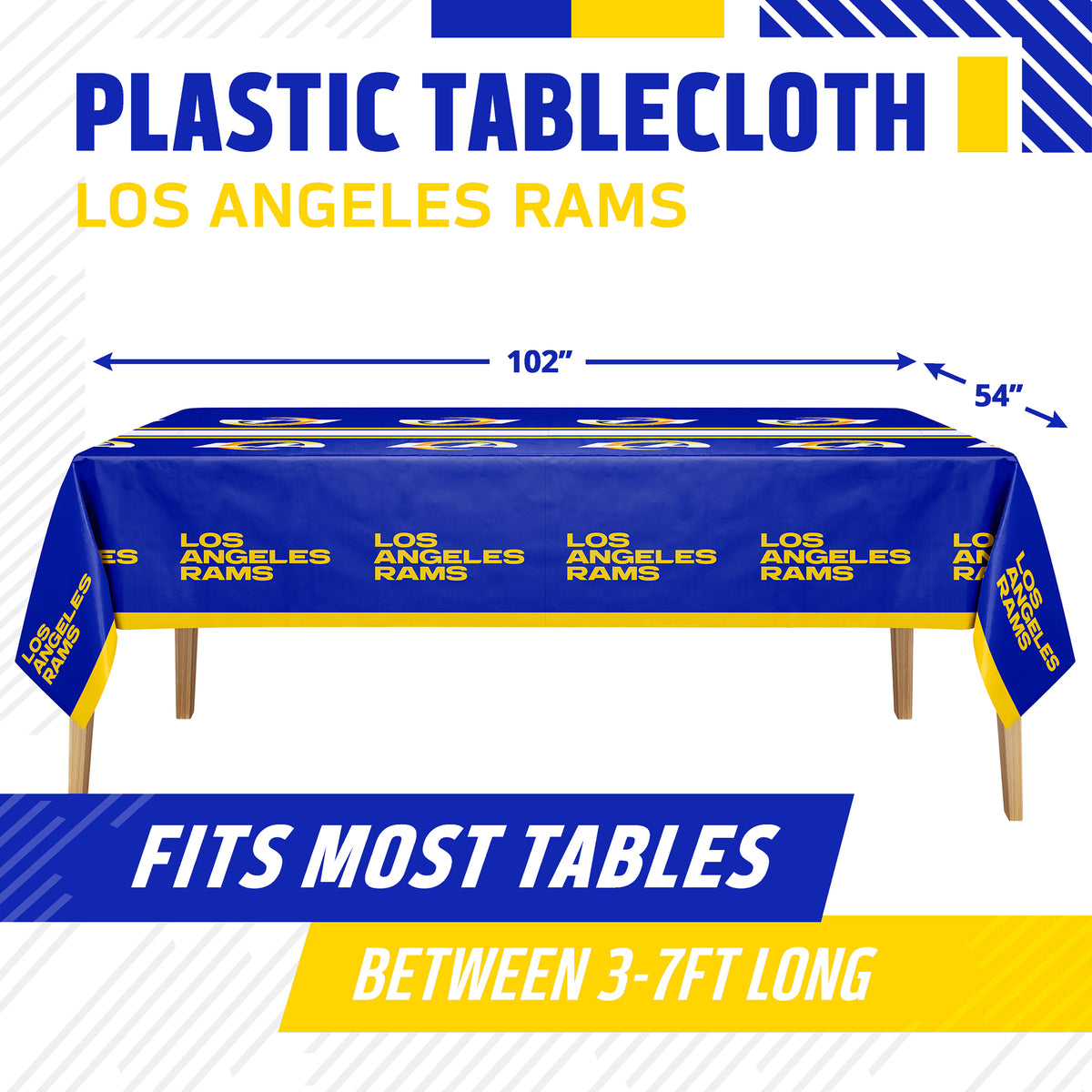 Los Angeles Rams plastic tablecloth shown draped over a table, with size arrows indicating 102 by 54 inches. The tablecloth is royal blue with yellow team text and logos, and promotional text at the top and bottom.