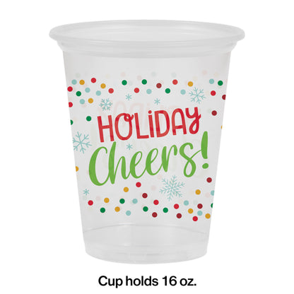 16 oz plastic cup with 'Holiday Cheers', snowflakes and multicolor polka dots. Measurements listed.