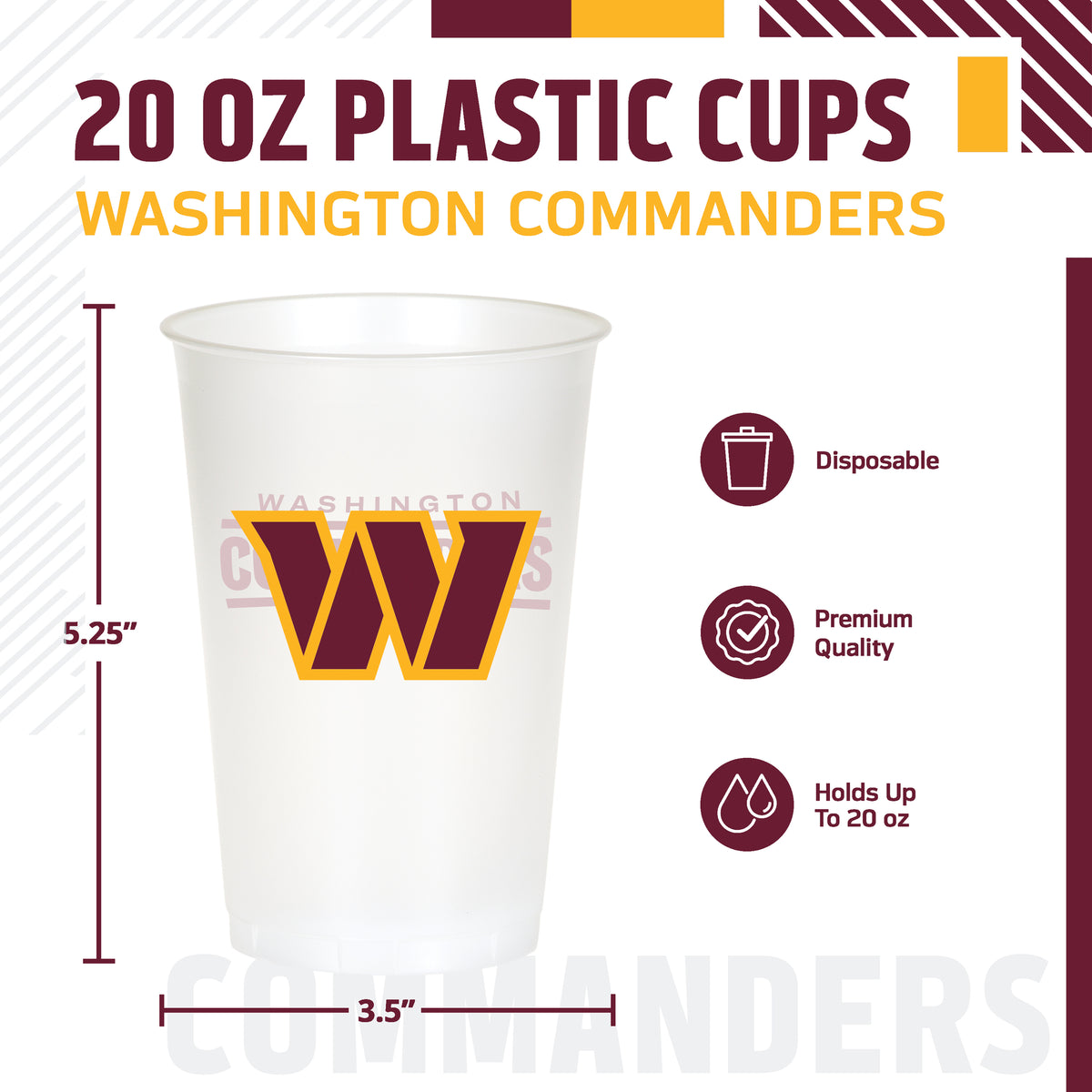 A 20 oz plastic cup with Washington Commanders branding, shown on a white background with dimension lines indicating 5.25 inches tall and 3.5 inches wide