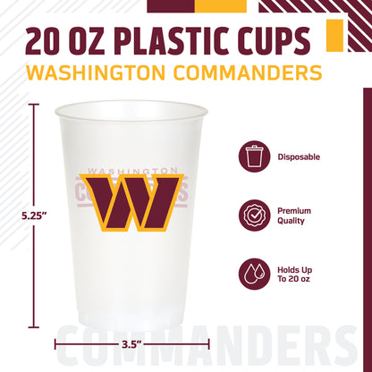 A 20 oz plastic cup with Washington Commanders branding, shown on a white background with dimension lines indicating 5.25 inches tall and 3.5 inches wide