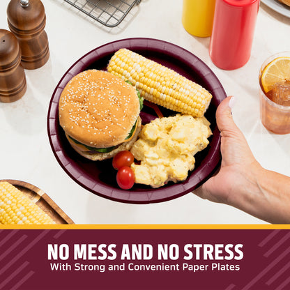 A hand holds a dark burgundy red  Washington Commanders paper plate containing a hamburger, corn on the cob, potatoes, and cherry tomatoes on a kitchen counter. Condiment bottles, pepper mills, and a drink are visible in the background, with a text banner at the bottom reading 'NO MESS AND NO STRESS With Strong and Convenient Paper Plates'.