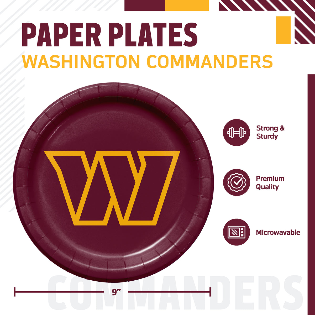 A Washington Commanders themed paper plate shown on a white promotional graphic. The plate is dark maroon with a large yellow outlined 'W' logo in the center.