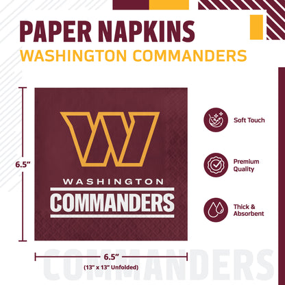 Washington Commanders paper napkins size and feature graphic. The product shown is a square maroon napkin with a large gold 'W' logo and 'WASHINGTON COMMANDERS' text.