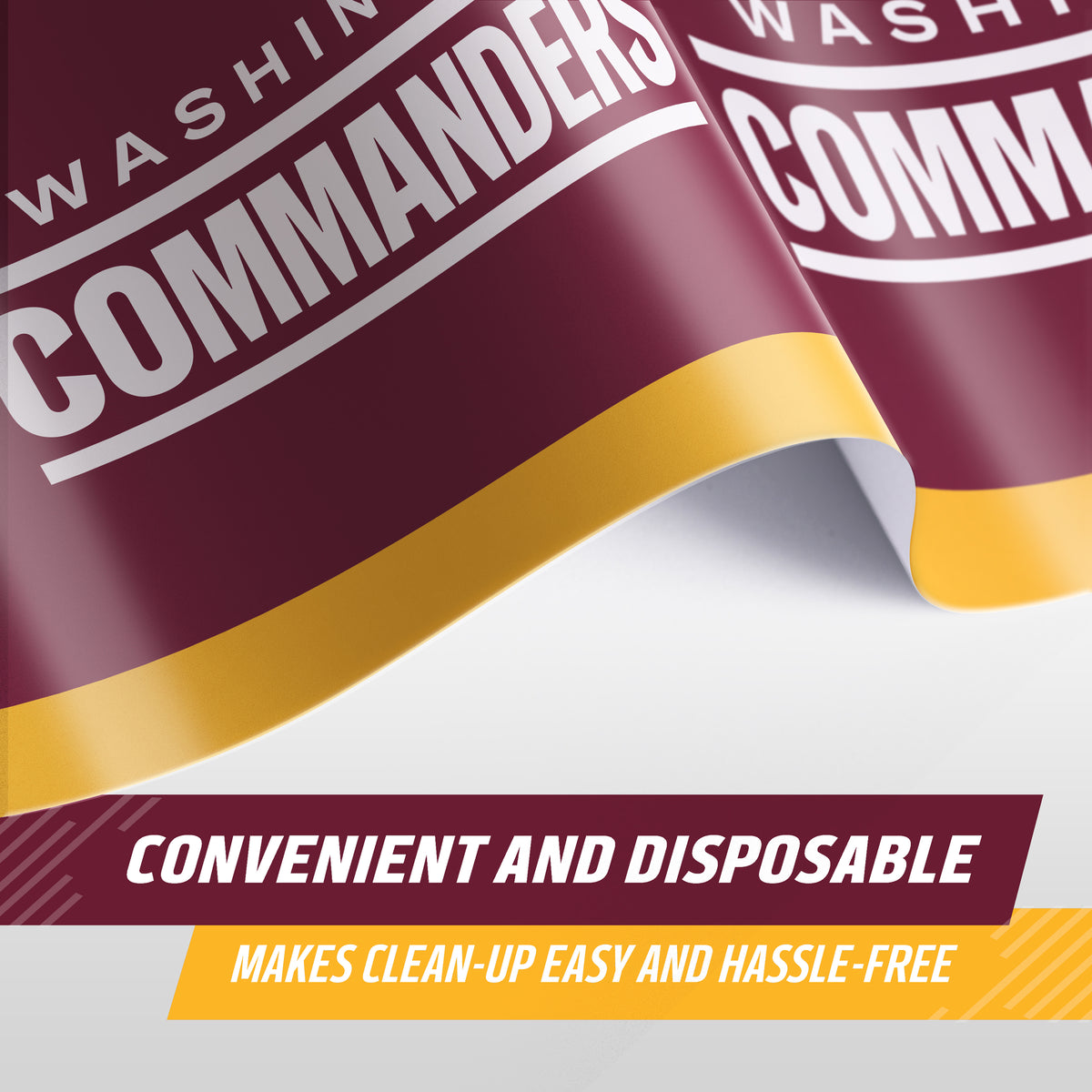 A close-up of a maroon red and yellow tablecloth with large white text reading 'WASHINGTON COMMANDERS,' shown with promotional text below that says 'CONVENIENT AND DISPOSABLE' and 'MAKES CLEAN-UP EASY AND HASSLE-FREE.'.