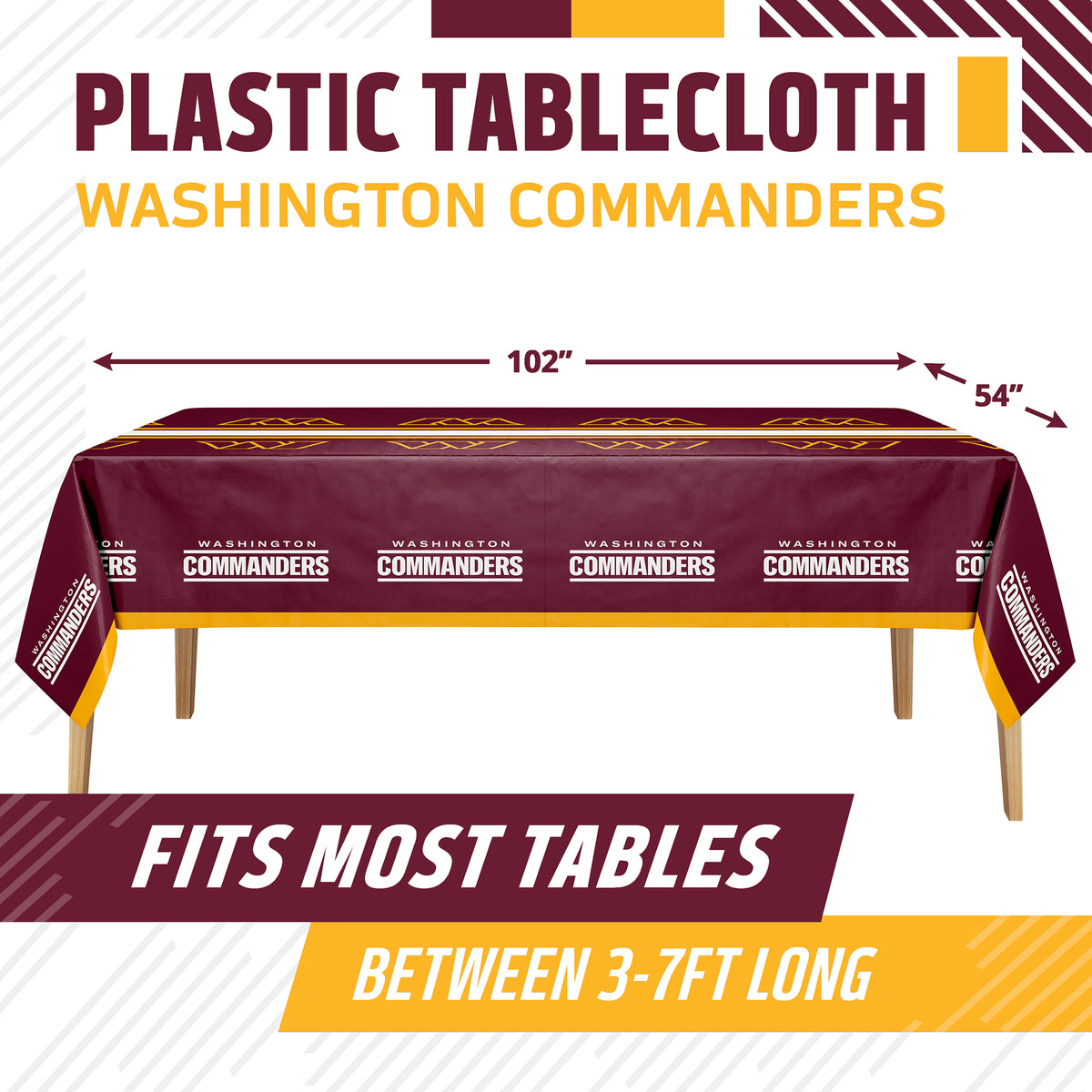 Washington Commanders plastic tablecloth shown draped over a table on a white background, with printed team branding and dimension arrows indicating 102 by 54 inches. Text at top and bottom says plastic tablecloth and fits most tables between 3-7ft long.