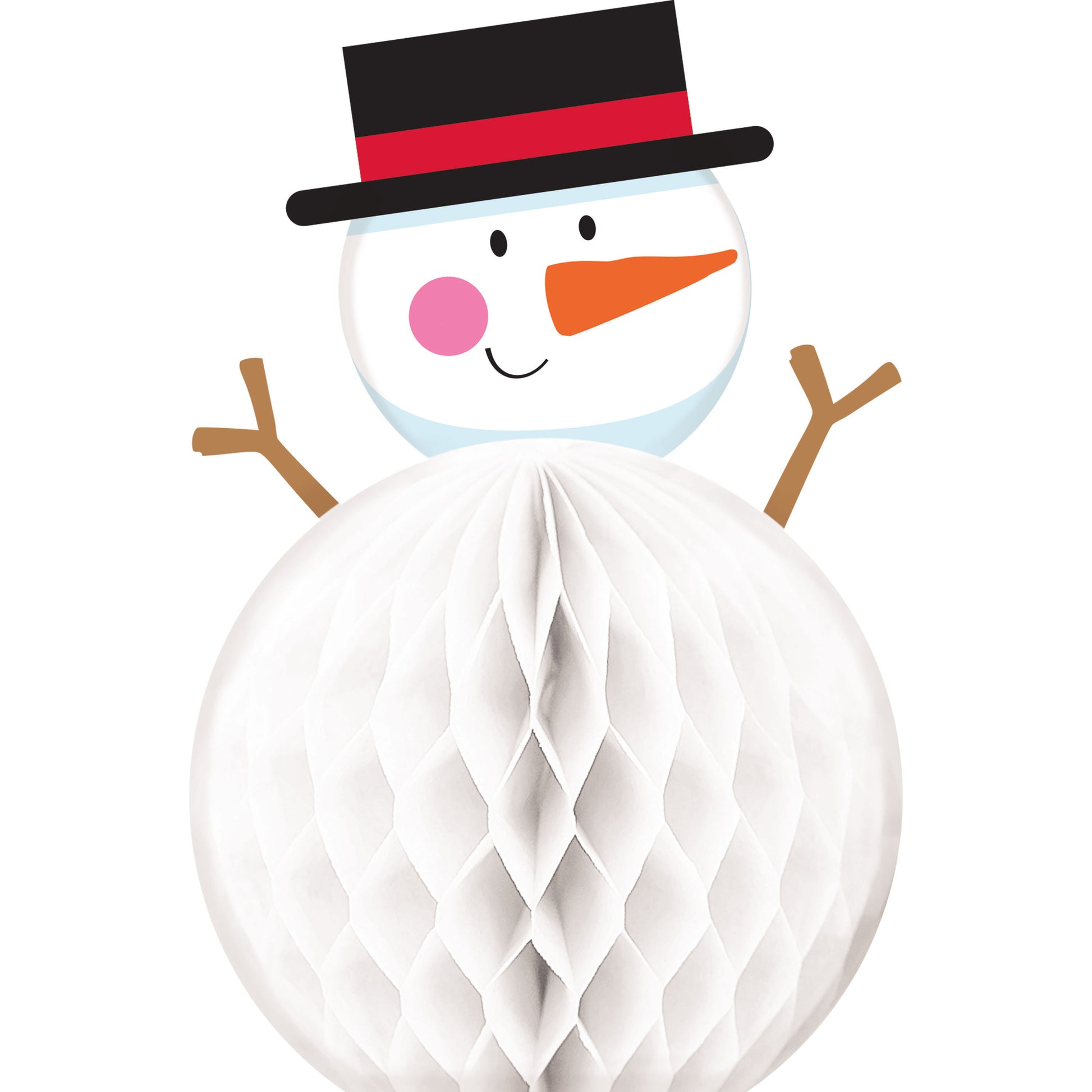 Decorative snowman honeycomb centerpiece with a black top hat, pink cheeks, and brown arms on a white background.