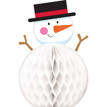 Decorative snowman honeycomb centerpiece with a black top hat, pink cheeks, and brown arms on a white background.