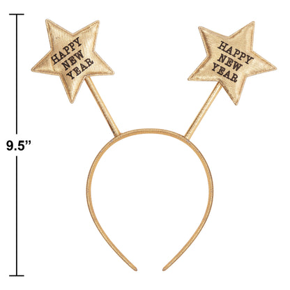 Gold headband with 2 stars featuring 'Happy New Year' in black text on a white background. Measurements included.