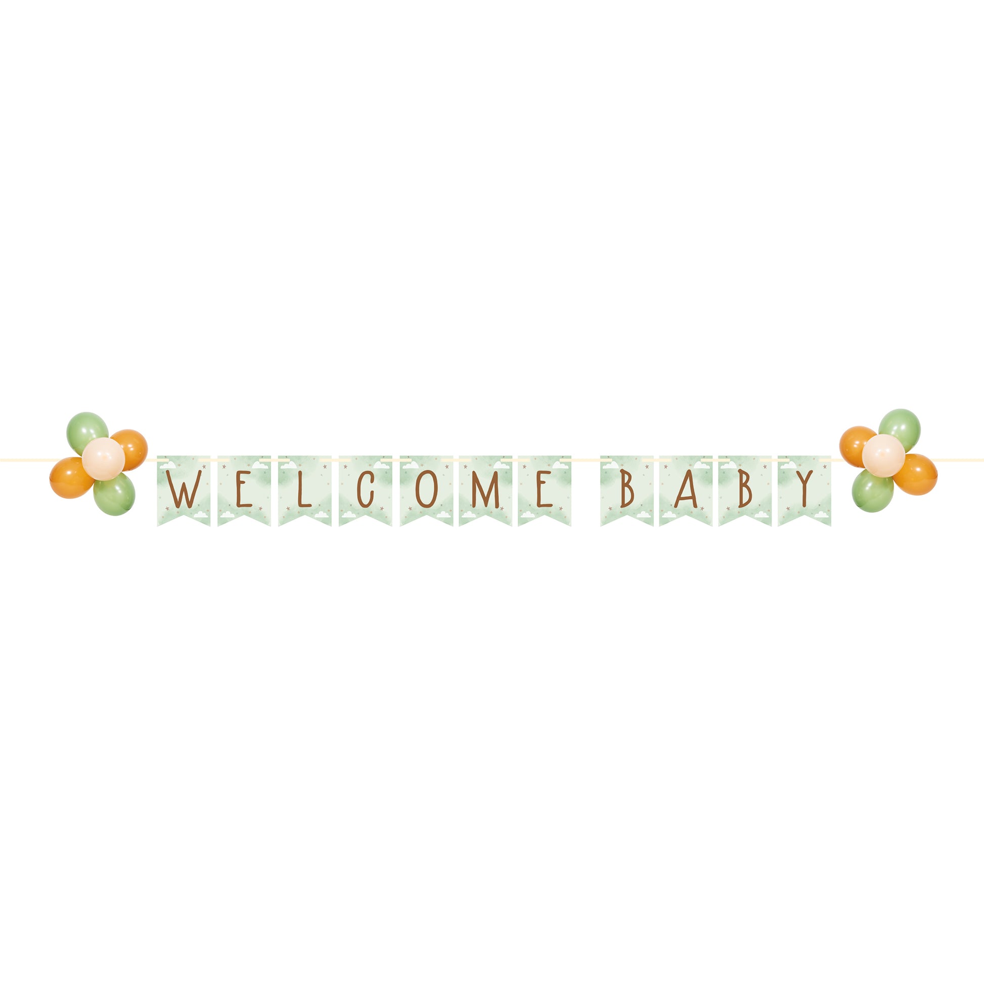 Decorative banner with 'Welcome Baby' text and balloons on a white background