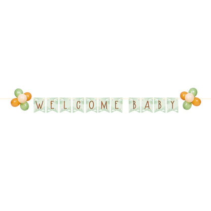 Decorative banner with 'Welcome Baby' text and balloons on a white background