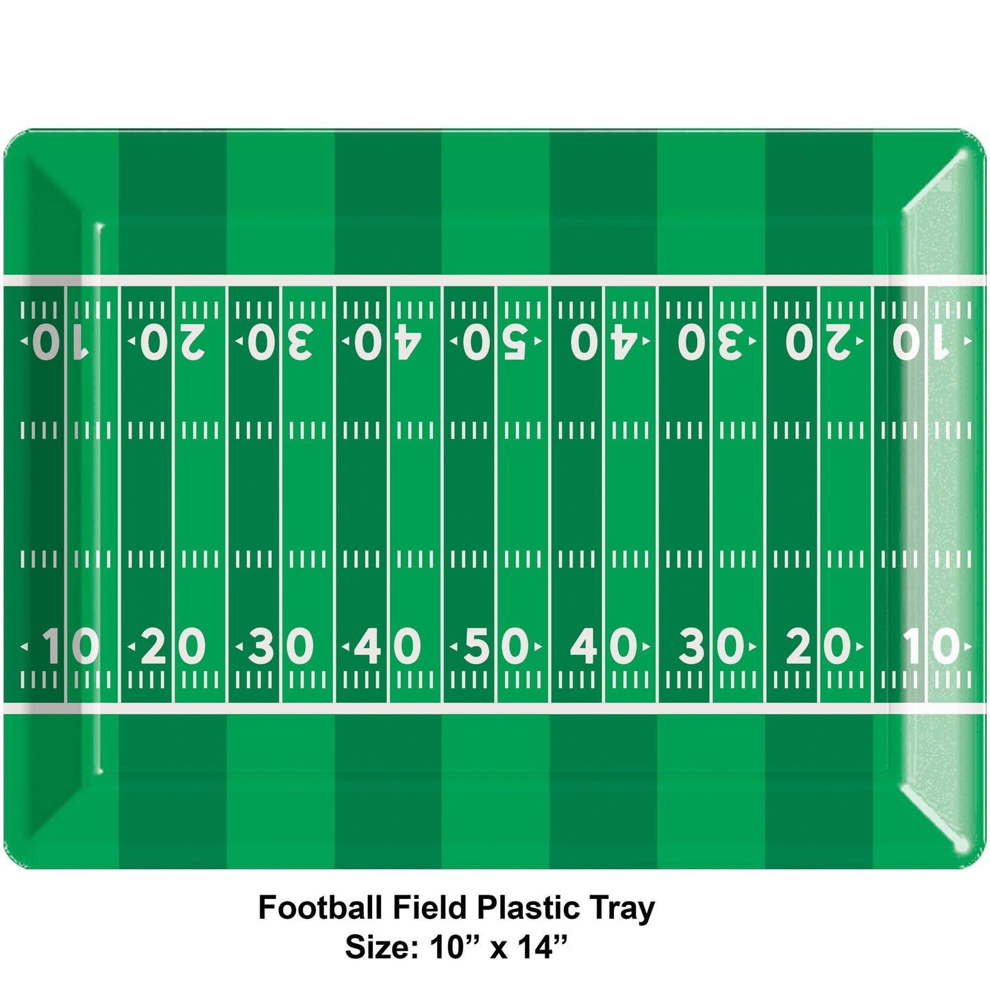 Football Field Serving Tray 12 ct. Green plastic tray with a white football field design on a white background. Dimensions displayed