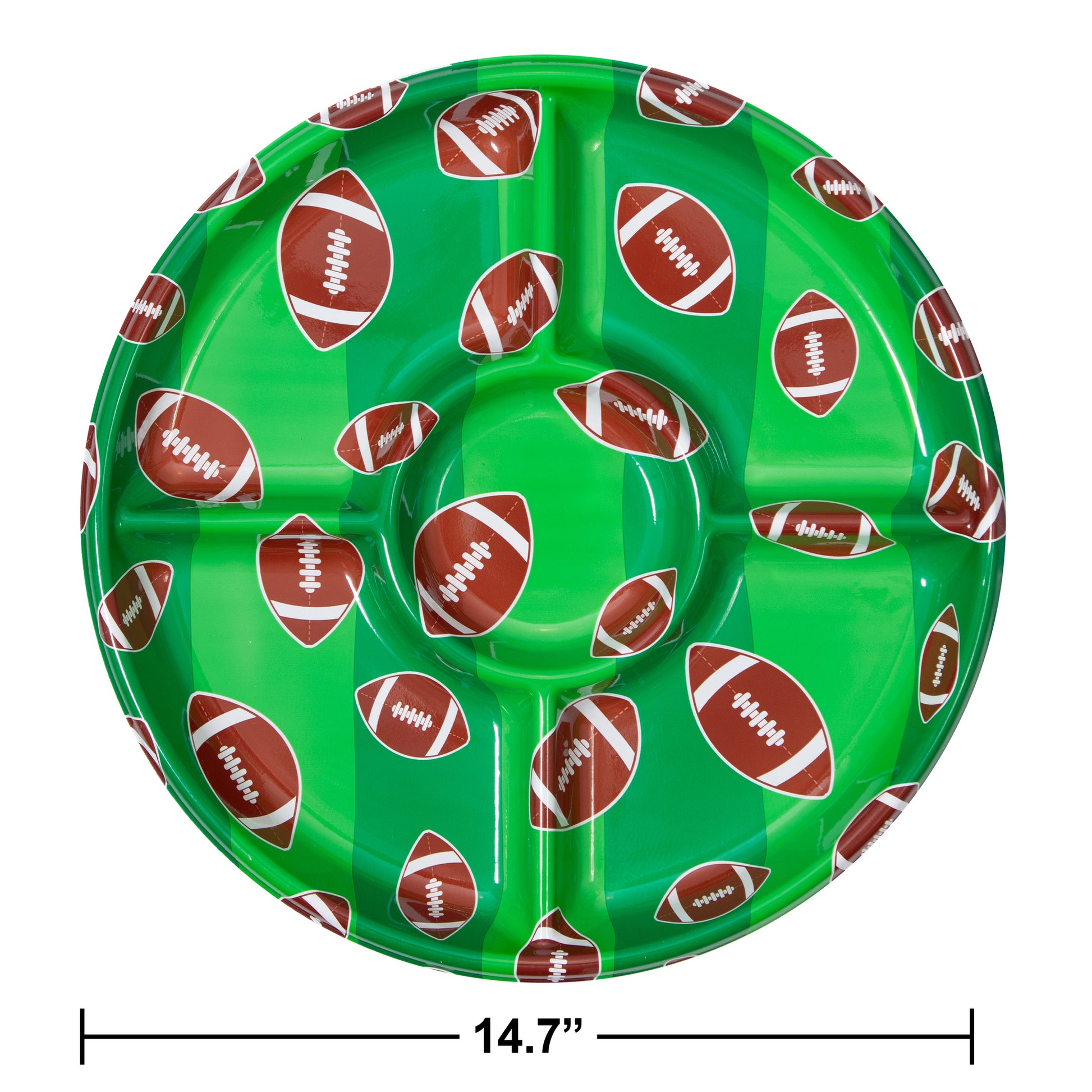 Football Super Bowl Party Serving Tray 6 ct. Green plastic divided platter with football pattern and measurement label on a white background