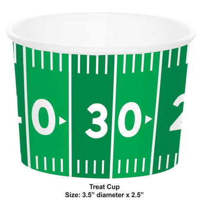 Football Field Paper Treat Cups 96 ct. Green treat cup with white numbering and stripes on a white background