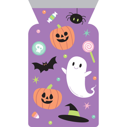 Halloween Characters Party Favor Bags 144 ct. Halloween-themed product packaging with pumpkins, ghosts, and candy on a purple background.