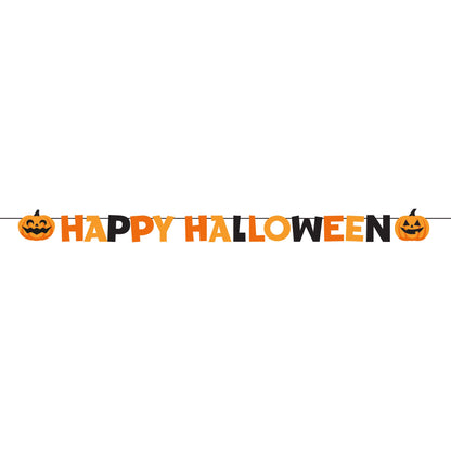 Happy Halloween Decorative Banners 12 ct. Halloween-themed banner with 'Happy Halloween' text and jack-o'-lantern faces on a white background.