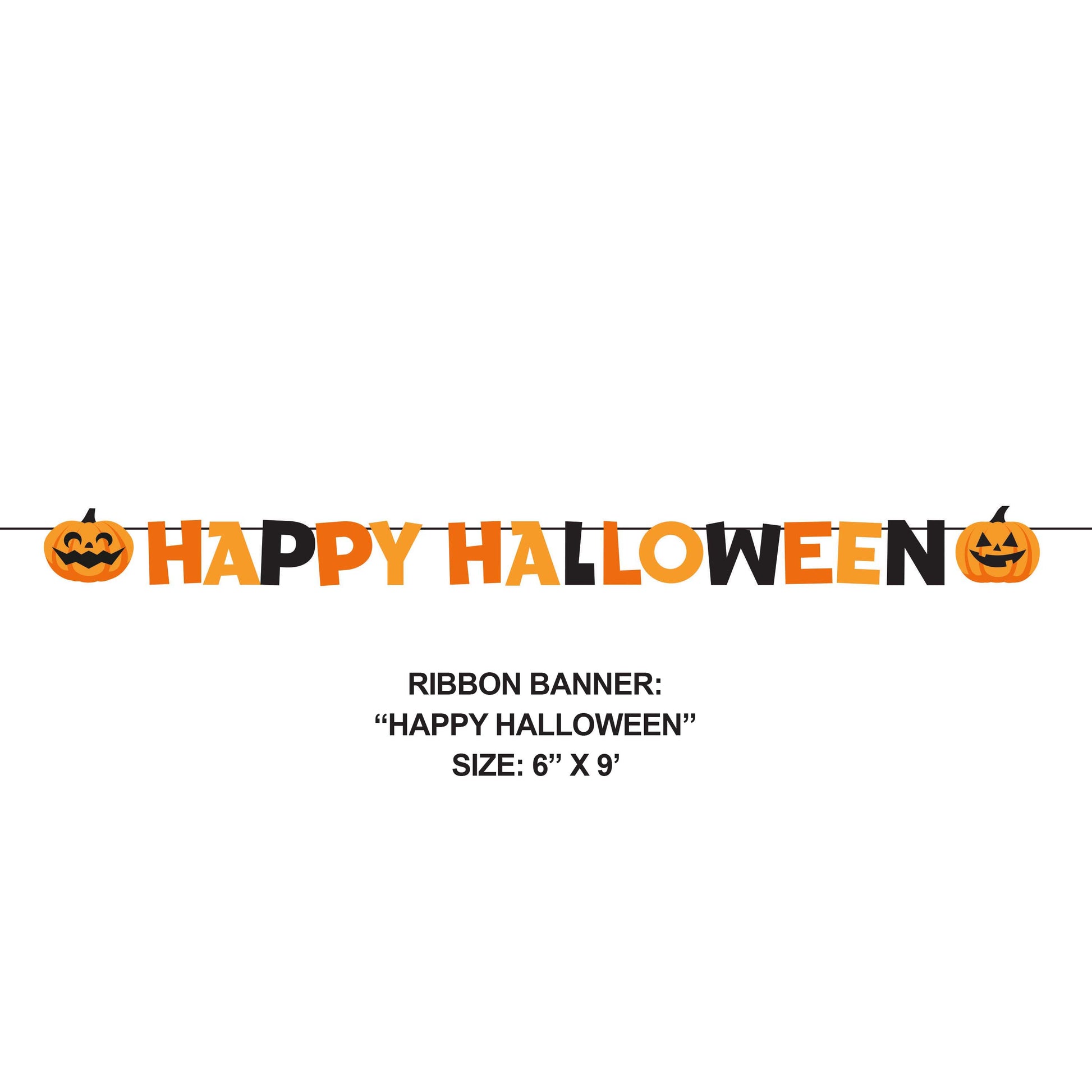 Happy Halloween Decorative Banners 12 ct. Halloween ribbon banner with 'Happy Halloween' text and jack-o'-lantern designs on a white background.