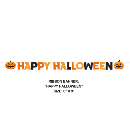 Happy Halloween Decorative Banners 12 ct. Halloween ribbon banner with 'Happy Halloween' text and jack-o'-lantern designs on a white background.