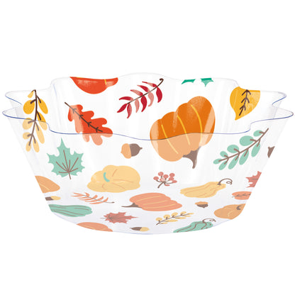 Fall Harvest Plastic Fluted Bowls 12 ct. Clear plastic serving bowl with autumn-themed design on a white background