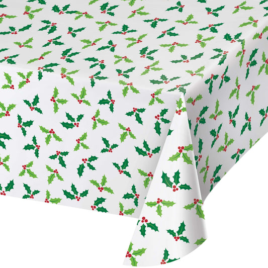White paper tablecloth with an all over Christmas holly print