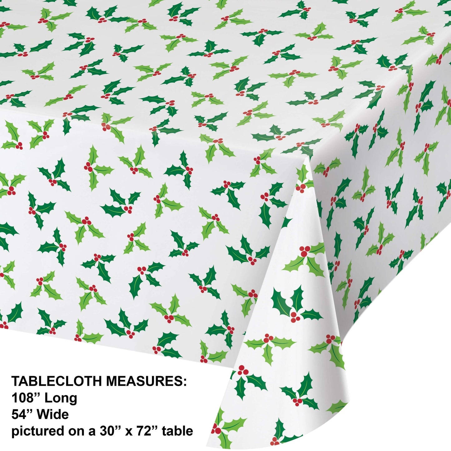 White paper tablecloth with an all over Christmas holly print. Measurements included.