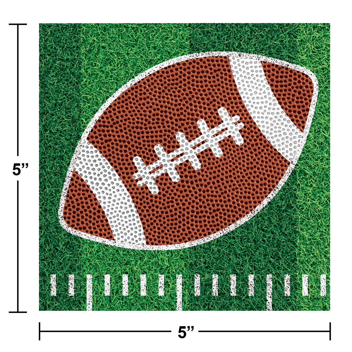 Tailgate Time Football Beverage Napkins 192 ct. Football design with white lines on a grass football field. Dimensions shown