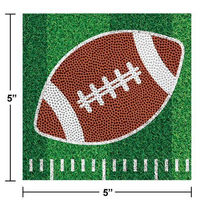 Tailgate Time Football Beverage Napkins 192 ct. Football design with white lines on a grass football field. Dimensions shown