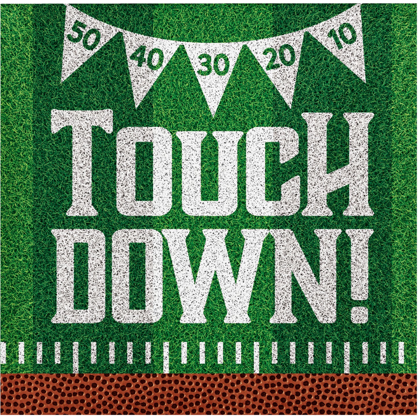 Tailgate Time Touch Down Football Beverage Napkins 192 ct. Green sports-themed paper with 'Touchdown!' text and football design